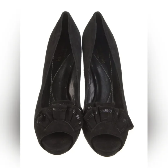 Kate Spade Women's Ruffle Suede Black Peep Toe Heels Size 10 US - Picture 3 of 16